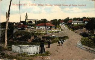 Husi, Hus, Huszváros (Moldova); Biserica Catolica, Scoala si Banca Populara / Catholic church, school, bank (EK)
