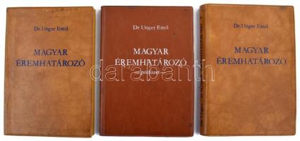 Unger Emil, Dr. Magyar éremhatározó I. kötet. Második, átdolgozott kiadás. Budapest, MÉE, 1980. + Dr. Unger Emil: Magyar éremhatározó II. kötet. Második, átdolgozott kiadás. Budapest, MÉE, 1980. + Dr. Unger Emil: Magyar éremhatározó III. kötet (pótfüzet). Budapest, MÉE, 1985. Mindhárom kötet használt állapotban.