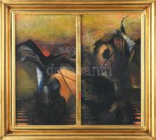 Buhály József (1945-): Kis diptichon, 1990. Akril, farost, jelezve jobbra lent, a hátoldalán autográf felirattal. Dekoratív fakeretben. 31×35 cm