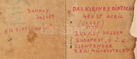 Buhály József (1945-): Kis diptichon, 1990. Akril, farost, jelezve jobbra lent, a hátoldalán autográ...