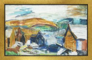 Gera Éva (1923-1996): Nagymarosi táj. Tempera, farost, jelzett. Hátoldalán Vizualart Alkotóközösség címkéjével. Keretben. 50×79 cm.