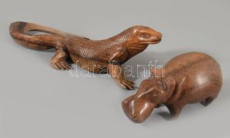Fa varánusz és víziló figurák, h: 12-20 cm