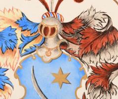 1888 Iparrajziskola dísztányér, rajta a Novák Család nemesi címerével, jelzett, aranyozáson kopással...