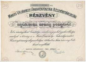 1941. Marosvásárhely "Maros-Vásárhelyi Takarékpénztár Részvénytársaság Részvény" húsz részvénye egyben, összesen 800P-ről, lyukasztásokkal érvénytelenítve, "17381-17400" C:VF