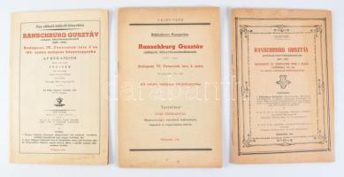 1942-1944 Ranschburg Gusztáv könyvkereskedő 3 db árjegyzéke: Ranschburg Gusztáv antiquar könyvkereskedésének 158., 163., 164. sz. antiquar könyvjegyzéke. Kiadói tűzött papírkötés, változó állapotban, helyenként kissé foltos.
