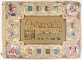 Friedrich Umlauft: Österreich`s Land und Leute in Wort und Bild. Vaterländisches Prachtwerk. Eine Sammlung photographischer Reproduktionen der hervorragendsten Städtebilder, Bauten und malerischen Landschaften Österreichs nebst 24 / 12 farbigen Trachtentafeln nach künstlerischen Original-Aquarellen Band 1 Wien 1908. Georg Szelinski, K.K. Universitäts-Buchhandlung, 289 p. litografált illusztrációkkal. Kissé kopott félvászon kötésben.