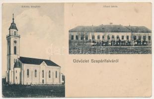 1915 Szapáryfalva, Szapárifalva, Tipari; Református templom, állami iskola. Schlänger Károly és Társa cég kiadása / Calvinist church, school (EK)
