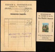 1931 Straub U. Festéküzlete ideiglenes jegyzék, hátoldalán illusztrációval + H. Best &amp; Son litho képpel díszített reklámkártya