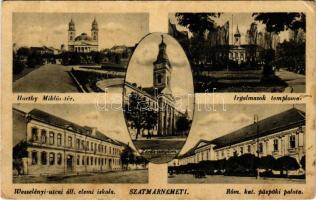 1944 Szatmárnémeti, Satu Mare; Horthy Miklós tér, Irgalmasok temploma, Wesselényi utcai állami elemi iskola, Római katolikus püspöki palota / square, church, school, bishop's palace (Rb)