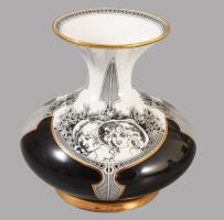 Hollóházi Jurcsák László által tervezett váza: Női fejek. Matricás, jelzett, hibátlan, m: 15,5 cm