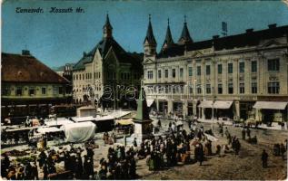 1914 Temesvár, Timisoara; Kossuth tér, villamos, piac, Haring Gusztáv üzlete / square, tram, market, shops (ragasztónyom / glue marks)
