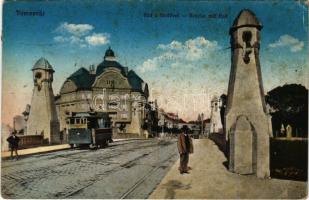 1914 Temesvár, Timisoara; Híd a fürdővel, villamos / Brücke mit Bad / bridge, bathhouse, tram (ragasztónyom / glue marks)