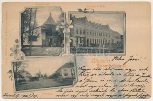 1900 Zsombolya, Hatzfeld, Jimbolia; Remete lak, Községi bérház, Fő utca, üzletek. Manzin és Ferch kiadása / villa, shops, main street. Art Nouveau, floral + "ORSOVA - BUDAPEST 76. SZ." vasúti mozgóposta bélyegző (szakadások / tears)
