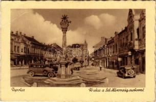 1941 Tapolca, Fő utca, Szentháromság szobor, automobilok (EB)
