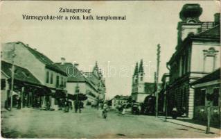 Zalaegerszeg, Vármegyeház tér a római katolikus templommal, üzletek. Fülöp nyomda kiadása (fl)