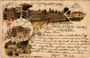 1898 Csíz, Csízfürdő, Kúpele Ciz; Kútház ivócsarnokkal, Vendéglő, fürdőház és lakházak, Igazgatói lakház, vendéglő lakásokkal, pavilon. Fogel Mór kiadása / spa hall, thermal spring, restaurant, directorate's villa, pavilion. Schneider &amp; Lux No. 713. Art Nouveau, floral, litho (EB)