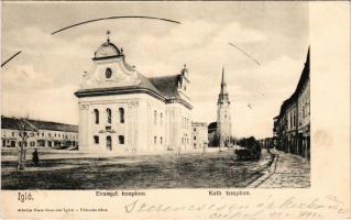Igló, Zipser Neudorf, Spisská Nová Ves; Evanj. a katol. kostol / Evangélikus és katolikus templom, üzletek. Matz Gusztáv kiadása/ Lutheran and Catholic churches, shops (EK)