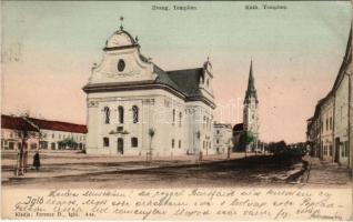 Igló, Zipser Neudorf, Spisská Nová Ves; Evanj. a katol. kostol / Evangélikus és katolikus templom, üzletek. Ferencz D. kiadása/ Lutheran and Catholic churches, shops