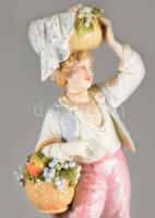 cca 1880-1900 Meissen Fiú gyümölcskosárral. Jelzett, ragasztott, ujja sérült, m: 28 cm