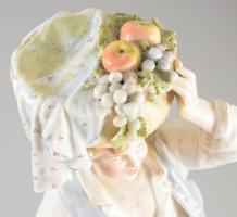 cca 1880-1900 Meissen Fiú gyümölcskosárral. Jelzett, ragasztott, ujja sérült, m: 28 cm