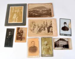 9 db vegyes keményhátú fotó: katonaportrék, épületek, stb., változó méretben és állapotban, 17x13 cm-ig
