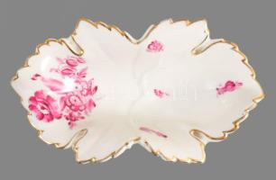 Herendi levél mintás tálka. Kézzel festett, jelzett, kopással 12x 8 cm