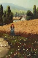 Fülöp F jelzéssel: Libapásztorlány. Olaj, vászon. Javított. Kissé sérült. Dekoratív, antik, kissé sé...