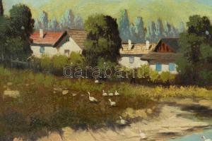 Fülöp F jelzéssel: Libapásztorlány. Olaj, vászon. Javított. Kissé sérült. Dekoratív, antik, kissé sé...