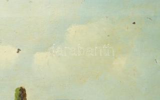 Fülöp F jelzéssel: Libapásztorlány. Olaj, vászon. Javított. Kissé sérült. Dekoratív, antik, kissé sé...