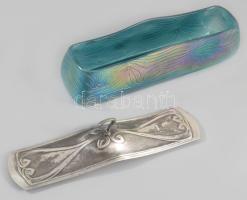 Loetz Austria jelzésű üveg doboz, irizáló szesessziós mintákkal, ón fedéllel 23 cm