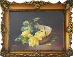 Hoffmann J jelzéssel: Csendélet, 1936. Olaj, vászon. Dekoratív, üvegezett fakeretben, 33×46 cm