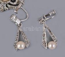 5 részes ezüst (Ag) ékszer szett, markazitokkal, karkötő, gyűrű, fülbevaló pár, függő, 1937-1966 és ...