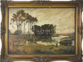 Hoffmann J jelzéssel: Hazafelé induló társaság, 1928. Olaj, vászon. Dekoratív, sérült fakeretben, 37×55,5 cm