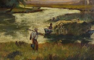 Hoffmann J jelzéssel: Hazafelé induló társaság, 1928. Olaj, vászon. Dekoratív, sérült fakeretben, 37...