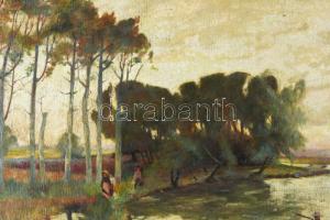 Hoffmann J jelzéssel: Hazafelé induló társaság, 1928. Olaj, vászon. Dekoratív, sérült fakeretben, 37...