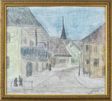 Olvashatatlan jelzéssel: Járókelők. Kréta, vászon. Dekoratív, üvegezett fakeretben, 32×36,5 cm