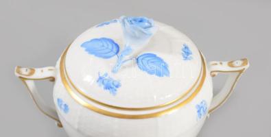 Herendi VBB kék virág mintás porcelán cukordoboz. Kézzel festett, jelzett, hibátlan 12x9 cm