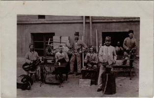1906 Budapest, magyar katonák, műhely / K.u.k. military, group of soldiers, workshop. Magyar Imre photo