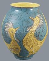 Gorka Lívia (1925 - 2011): Madaras váza. Türkiz, sárga, fehér mázakkal festett kerámia, hibátlan. Je...