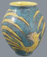Gorka Lívia (1925 - 2011): Madaras váza. Türkiz, sárga, fehér mázakkal festett kerámia, hibátlan. Je...