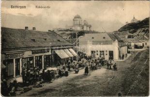 Esztergom, Rákóczi tér, Groszner B., Patriasz Zsigmond, Marosi József és fia üzlete, piac, Bazilika ...