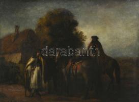 Olvashatatlan jelzéssel (jobbra lent), XIX. sz. vége/XX. sz. eleje, feltehetően magyar festő: Lovasok. Olaj, karton. Dekoratív fakeretben. 41x56,5 cm