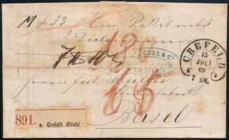 1869 Csomagkísérő levél Bázelbe / Parcel cover to Basel "CREFELD"