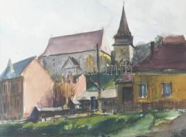 Csabai Kálmán (1915-1992): Avasi templom, Miskolc, 1970. Akvarell, papír, jelezve jobbra lent. Dekoratív, kissé sérült, üvegezett keretben. 35x53 cm