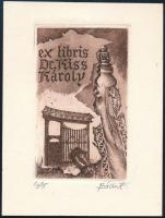 Bálint Ferenc (1960-): Ex libris Dr. Kiss Károly. Rézkarc, aquatinta, papír, jelzett. 7x4,5 cm