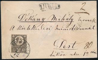 1872 Réznyomat 15kr ritka feketésbarna színben, ajánlott levélen Pestre. A bélyeg hibátlan, friss, a levél kiállítási minőségű! "KOLOZSVÁR" Certificate: Visnyovszki