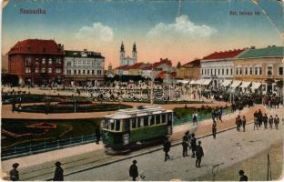 Szabadka, Subotica; Szent István tér, villamos, Földes Samu, Demeter és Fiai üzlete. Vasúti levelezőlapárusítás 29. sz. - 1916. / square, tram, shops (EM)