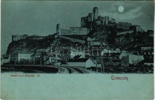 Trencsén, Trencín; látkép, vár este holdfényben. Gansel Lipót kiadása / castle at night in moonlight (vágott / cut)