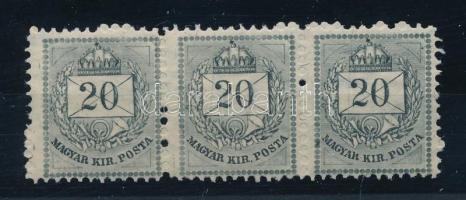 1881 20kr I. típus 11 1/2 fogazással hármascsíkban, enyhén elfogazott, festékfoltokkal, karcokkal, P...