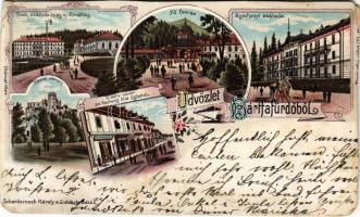 1899 Bártfa, Bártfafürdő, Bardejovské Kúpele, Bardiov, Bardejov; Deák szálloda és az új fürdőház, Főforrás, Széchenyi szálloda, Zborói várrom, Tachy udvar az Eschwig féle üzlettel, cukrászda. Schwidernoch Károly műintézete / spa, hotel, bath, spring source, castle ruins (Zborovsky hrad), shop, confectionery. Art Nouveau, floral, litho (vágott / cut)